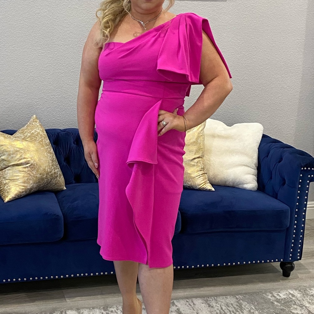 Betsy & Adam Pink Asymmetrical Ruched Cocktail Dress
